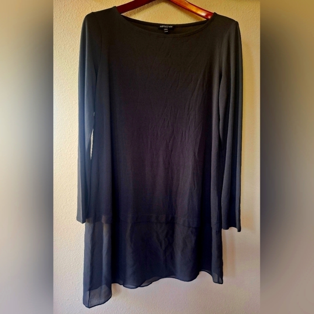 Eileen Fisher 100% Silk Asymmetrical Black Long Sleeve Tunic Womens Petite S
